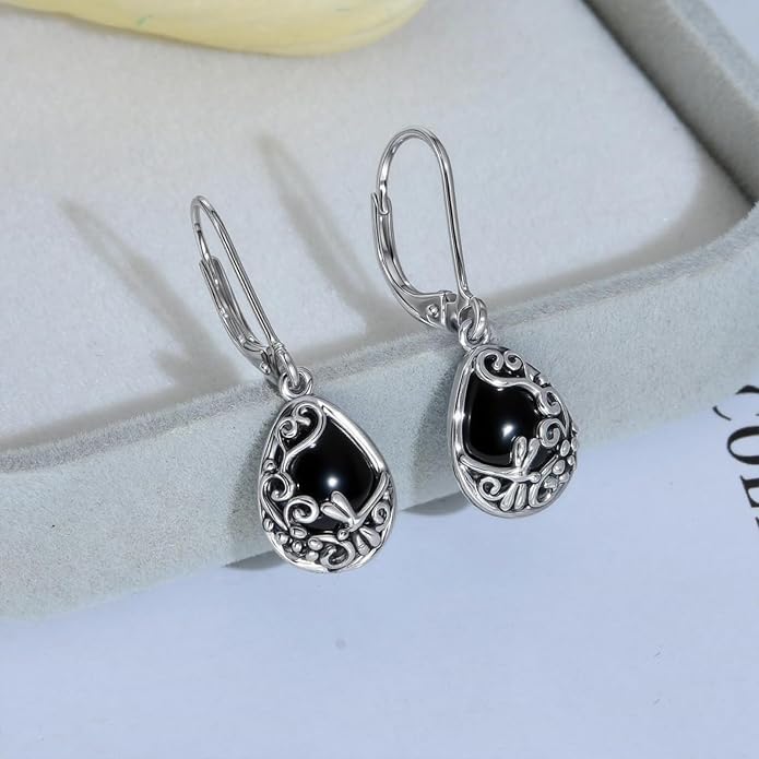 Real 925 Sterling Silver Trendy Dangle Earrings for Women | White Gold Plated | Hypoallergenic Turquoise/Black Onyx/Opal Filigree Jewelry Lightweight Celtic Lover Knot Leverback Earrings Gifts