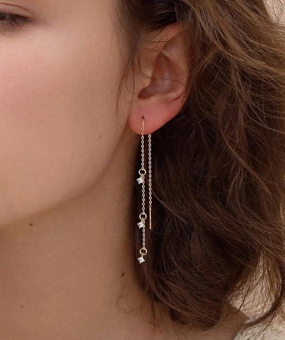 S.Leaf S925 Sterling Silver Threader Chain Earrings 18K Gold Plated Cubic Zirconia Dainty Dangle Double Piercing Long Drop Dangly Pull Through Tassel Chain Earrings Gifts for Women