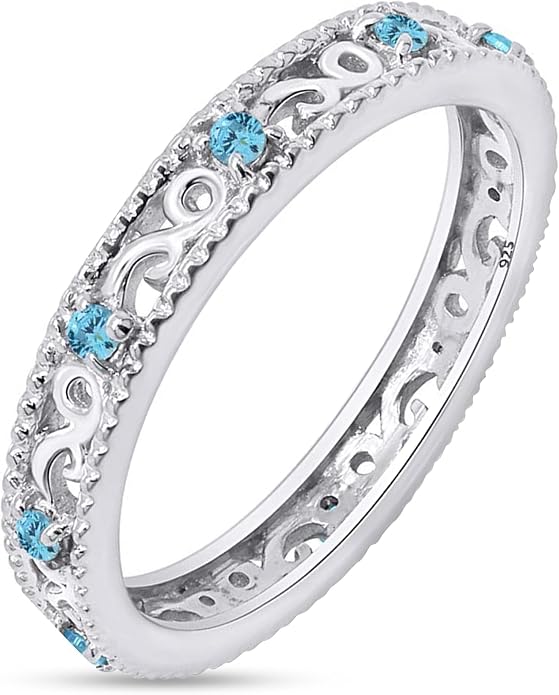 Jewel Zone US Filigree Eternity Wedding Band Ring for Women, Round Cut Simulated Gemstone Stackable Promise Ring in 14K Gold Plated 925 Sterling Silver Band Width 3.5mm – Elegant Jewelry for Her