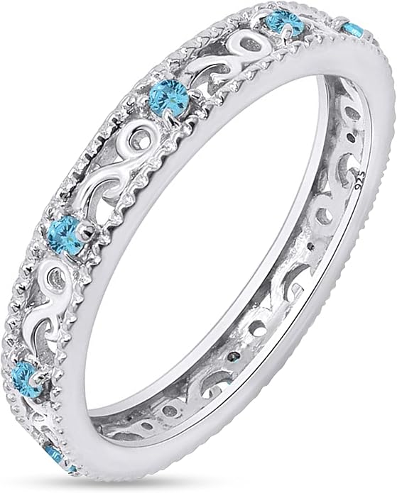 Jewel Zone US Filigree Eternity Wedding Band Ring for Women, Round Cut Simulated Gemstone Stackable Promise Ring in 14K Gold Plated 925 Sterling Silver Band Width 3.5mm – Elegant Jewelry for Her