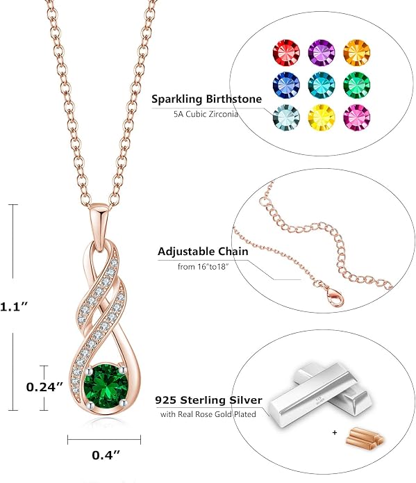 Birthstone Necklaces for Women 925 Sterling Silver Infinity Pendant Created Gemstone Jewelry for Her, 16"+2"