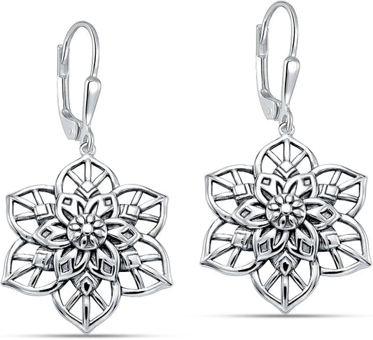 LeCalla 925 Sterling Silver Antique Earrings for Women | Filigree Leverback Dangle Earring | Drop Dangle Earrings for Women | Oxidized Silver Jewelry for Her Mom Wife