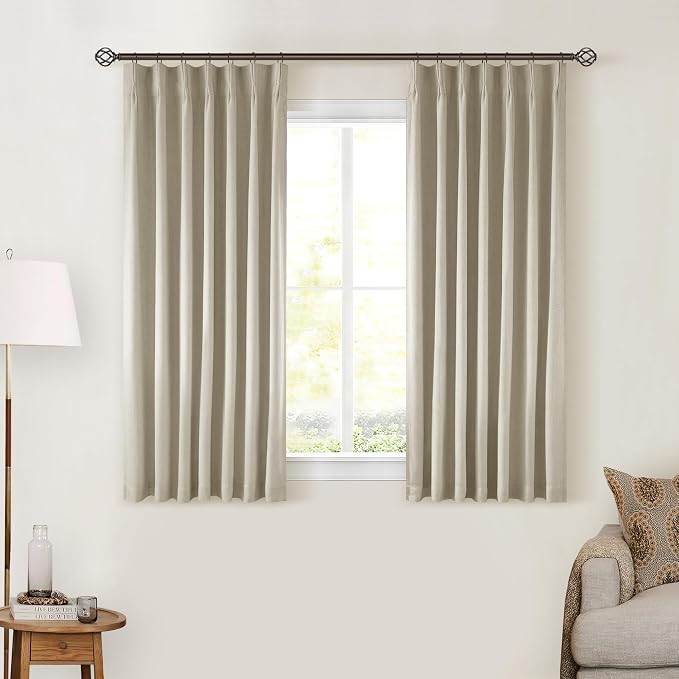 Burlywood Birch Pleated 100% Blackout Linen 45 Inch Curtains with Liner | Memory Trained Pinch Pleat, Thermal Insulated, Noise Reducing, Greyish Beige Black Out Curtains for Cafe Kitchen 2 Panels