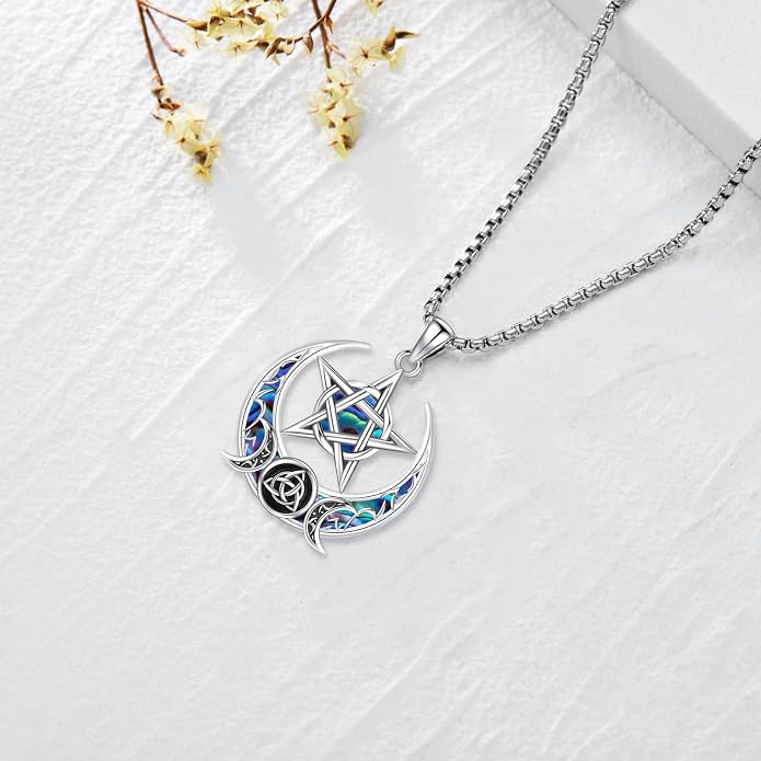 Pentagram Necklace Sterling Silver Triple Moon Goddess/Celtic Knot Witches Knot/Ankh/Sun and Moon/Hecate/Lilith/Santa Muerte/Tetragrammaton Pendant Necklace Pagan Wiccan Magic Egyptian Amulet Jewelry for Women Men