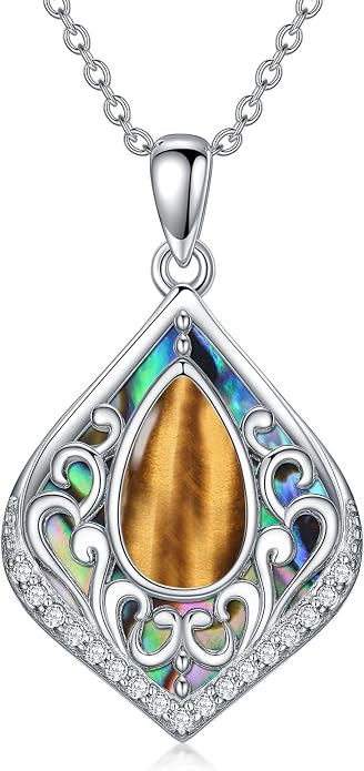 HPQQ Filigree Gemstone Necklace 925 Sterling Silver Teardrop Bohemian Necklace Abalone Shell Jewelry Birthday Gifts for Women
