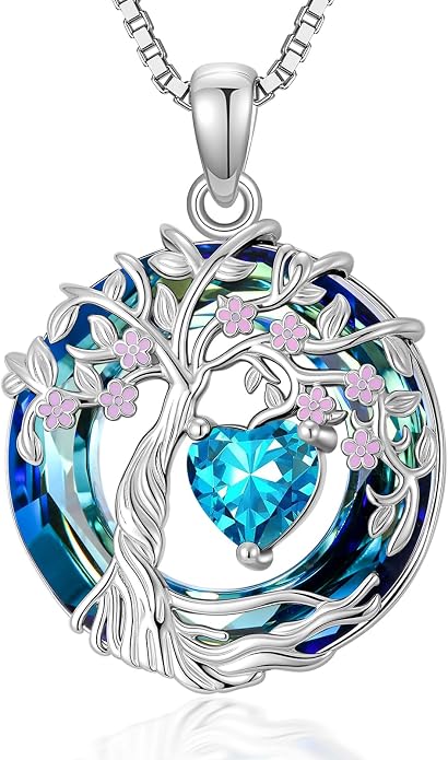 Tree of Life Birthstone Necklace 925 Sterling Silver Crystal Tree of Life Pendant Birthstone Jewelry Birthday Christmas Gifts for Women Mom Her Wife