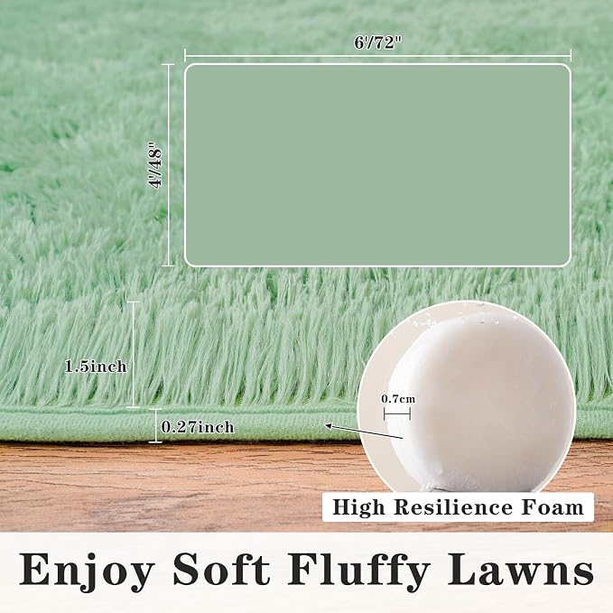 Soft Fluffy Sage Green Rug for Living Room Bedroom, 6x9 Shaggy Area Rugs | Non-Slip Light Green Rug for Nursery Kids Room Dorm Room Home Decor, Indoor Plush Floor Mint Green Carpet