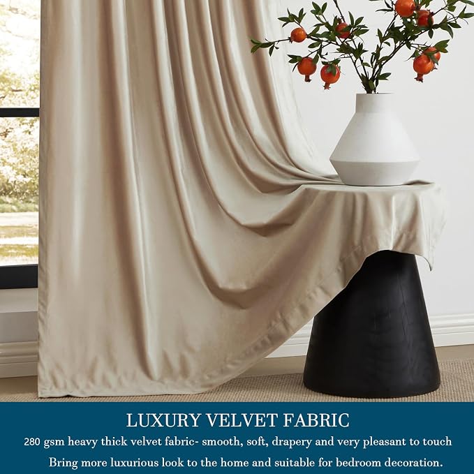 PRIMROSE Champagne Velvet Curtains 102 inch Long for Living Room,Set of 2 Panels Blackout Rod Pocket Back Tab Window Treatment Room Darkening Heavy Decorative Curtains Drapes for Bedroom