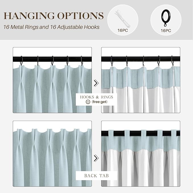 IVAPUPU Blue Pinch Pleated Full Blackout Linen Curtains for Bedroom, Black Out Curtains 90 Inches Long for Living Room Darkening Thermal Insulated Neutral Pleat Drapes with 16 Hooks, 2 Panels