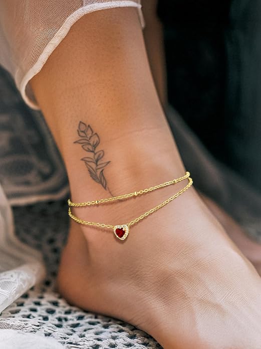 Richsteel Double Layer Heart/Butterfly Birthstone Anklet for Women Non Tarnish Waterproof, Silver/Gold/Black Stainless Steel 8.5-10.5 Inch Adjustable Chain Anklets Jewelry Gifts for Her