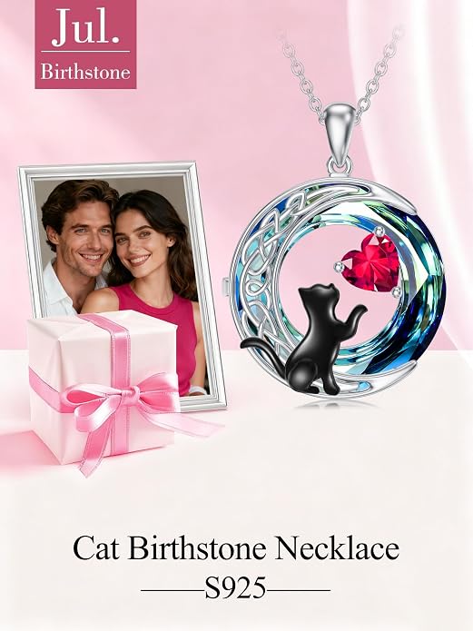 TOUPOP Cat Gifts for Cats Lovers 925 Sterling Silver Black Cat Necklace Celtic Moon Birthstone Jewelry for Women Anniversary Birthday Gift for Her Wife Mom