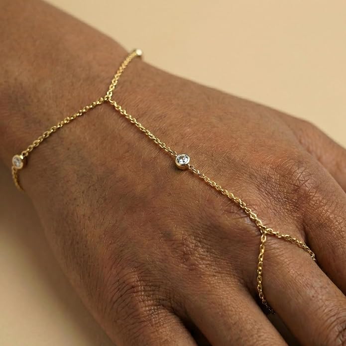 Faire de la Mode Dainty Hand Chain Bracelet for Women – Adjustable 14k Gold Plated Ring Bracelet Hand Chain with AAA CZ Tarnish-Resistant Jewelry for Small to Medium Hands