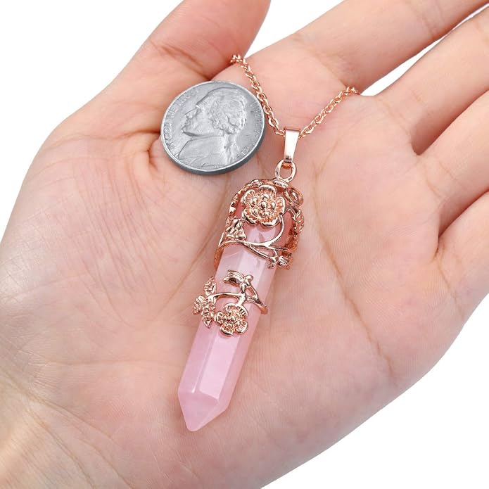 Jovivi Flower Wrapped Natural Healing Crystal Pointed Necklace Hexagonal Prism Gemstone Pendant Pendulum Necklace Reiki Jewelry Quartz for Women Men