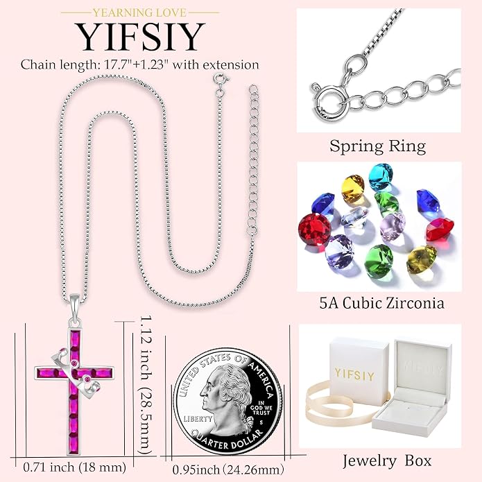 Gemstone Crown Cross Necklaces for Women, 925 Sterling Silver Rectangular cut Zircon Pendant With Rotated Crown Faith Cross Jewelry Gift