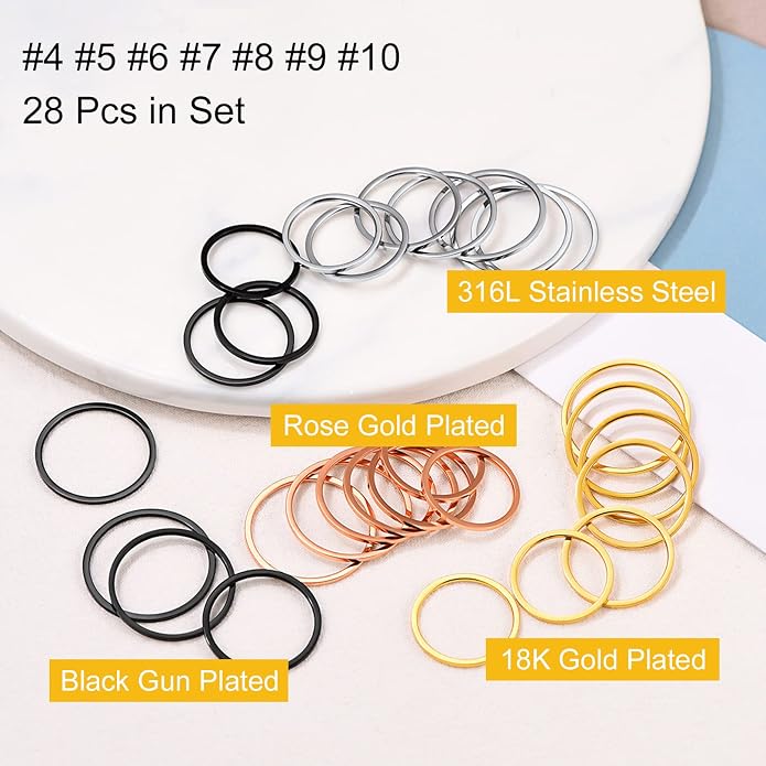 FOCALOOK 28 PCS Knuckle Ring Set 1MM Stainless Steel Women's Thin Plain Band Stacking Midi Finger Rings Set Comfort Fit Silver/Black/Gold/Rose Tone Size 4-10