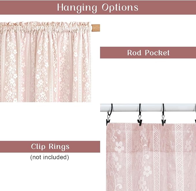 ASPMIZ Linen Valances for Windows Farmhouse, Double Layers Kitchen Curtains with Linen and Lace, Rustic Valance Curtains for Small Window, Kitchen, Bathroom, Cafe, 52 x 18 Inch Rod Pocket, Pink