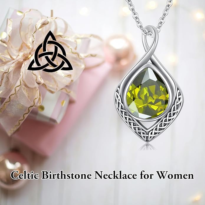 PELOVNY Celtic Knot Necklaces for Women 925 Sterling Silver Gemstone/Birthstone Teardrop Infinity Necklace Irish Celtic Pendant Jewelry Gifts for Mom Daughter Wife