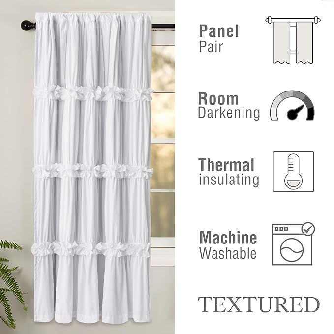 Homechoice Decor Thermal Insulated Window Curtains 42" W x 63" L (Pair) | White Boho Ruched Blackout Window Treatments with 3 Rows of Butterfly Flowers, Rustic Rod Pocket Drapes for Room (LQ-30)