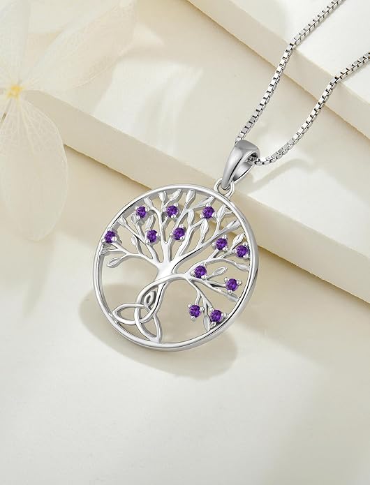 Celtic Knot Tree Necklace 925 Sterling Silver Tree of Life Pendant Birthstone Jewelry for Women