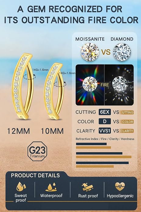 VOJO Moissanite Clicker Belly Button Ring, Titanium 2 Pcs 10&12mm Reverse Curved Hoop Navel Barbell Piercing Jewelry