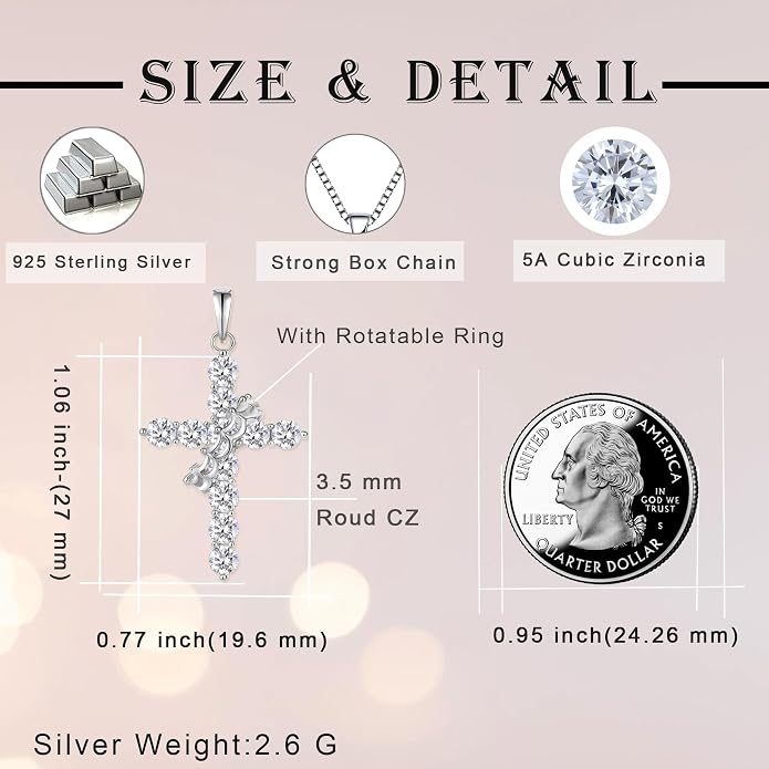 Rotated Crown Cross Necklaces for Women, 925 Sterling Silver Round Cut Zircon Neckalce Pendant With Ring Birthstones Jewelry for Her