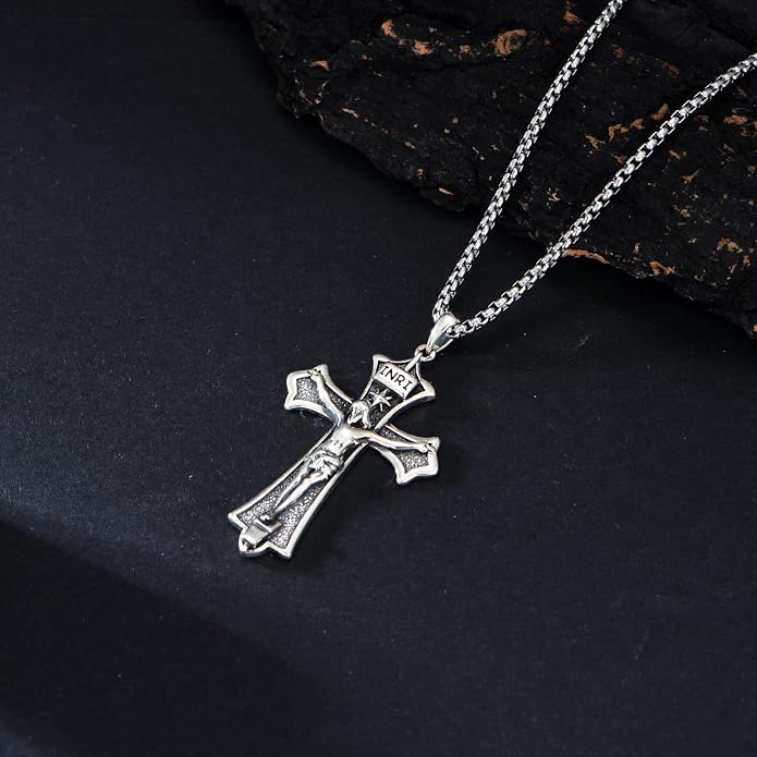 KXJ S925 Sterling Silver Black Cross/Best Dad/Baseball Bat/Silver Cross/Ankh Cross/Crucifix with 22+2 Inches Stainless Steel Rolo Chain Cross Necklace for Men Women Christian Religious Jewelry Gifts