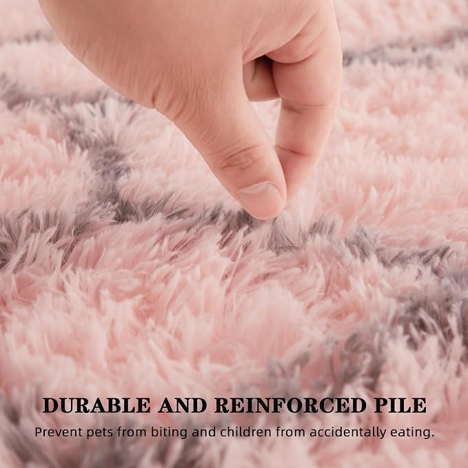 Fluffy Rug for Living Room, Soft Modern 8x10 Pink and Grey Shag Area Rugs | Non Slip Pink Carpet for Bedroom, Home Decor Aesthetic, Washable Large Fuzzy Plush Floor Mat for Nursery Teen Dorm