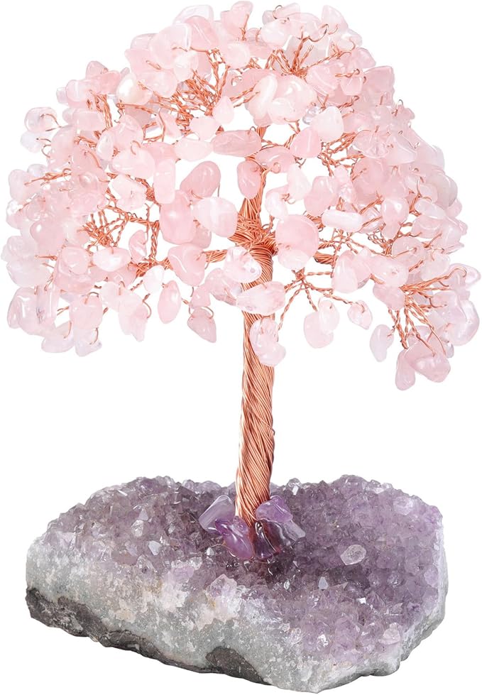 Jovivi Natural Rose Quartz Healing Crystal Money Tree on Amethyst Cluster Geode Druzy Base Feng Shui Crystals for Home Office Desk Decorations, Wealth, Good Luck