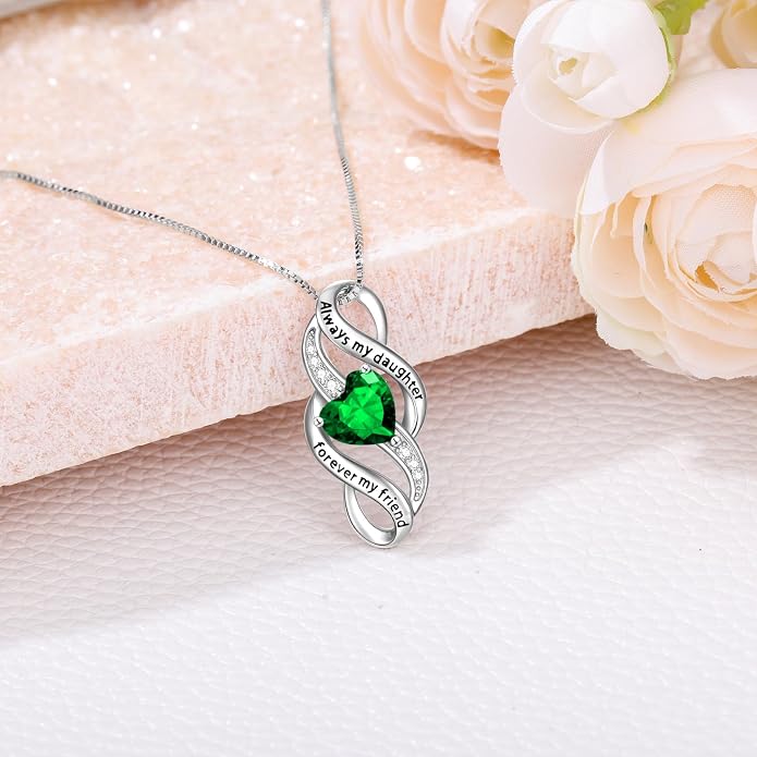 Daughter Necklace 925 Sterling Silver Always My Daughter Forever My Friend Infinity Necklace to Daughter Birthday Gift from Mom with 12 Birthstones