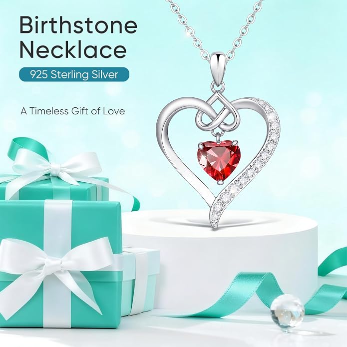925 Sterling Silver Birthstone Heart Necklace for Women - Infinity Love Pendant with Cubic Zirconia, 12 Colors, Valentine's Day Gift for Her, 12 Months, Birthday Anniversary Christmas Jewelry Gifts