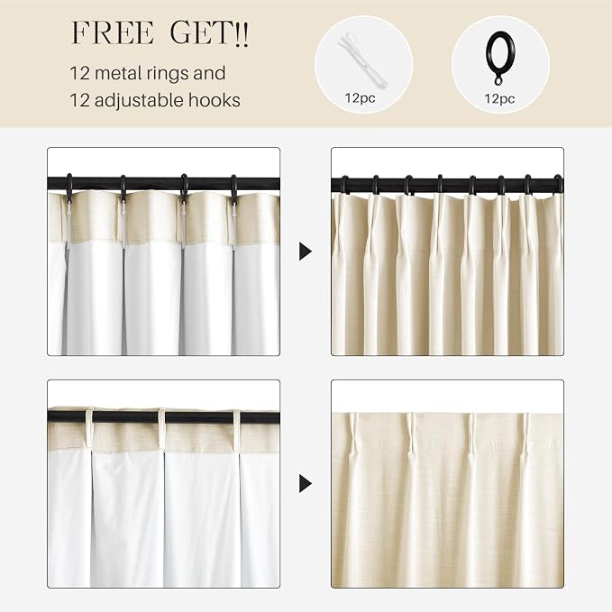 Pinch Pleated Curtains 100% Blackout Linen Curtains 95 Inches Long for Bedroom Living Room, Creamy Beige Memory Trained Thermal Insulated Room Darkening Window Drapes with Hooks, 1 Panel, 60"Wx95"L