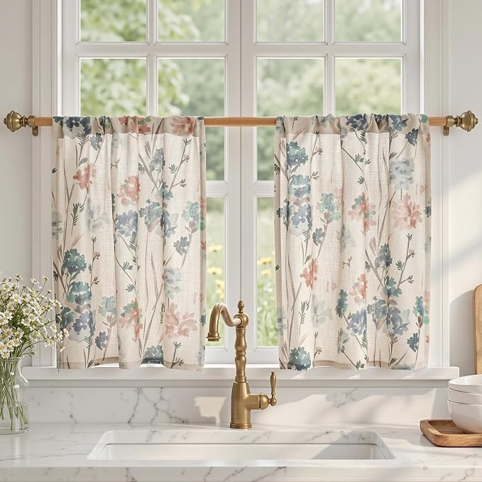 MYSKY HOME Floral Linen Kitchen Tier Cafe Curtains 36 Inch Length 2 Panels Farmhouse Semi Sheer Privacy Small Window Treatments Rod Pocket for Bathroom Basement, Brown, 30" Each Panel