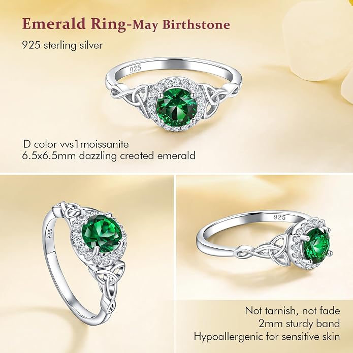 DAYBYDAY Celtic Birthstone Rings for Women 925 Sterling Silver Heart/Round/Pear/Oval Created Gemstone Moissanite Halo Engagement Promise Rings for Her Wife Birthday Anniversary Wedding Jewelry