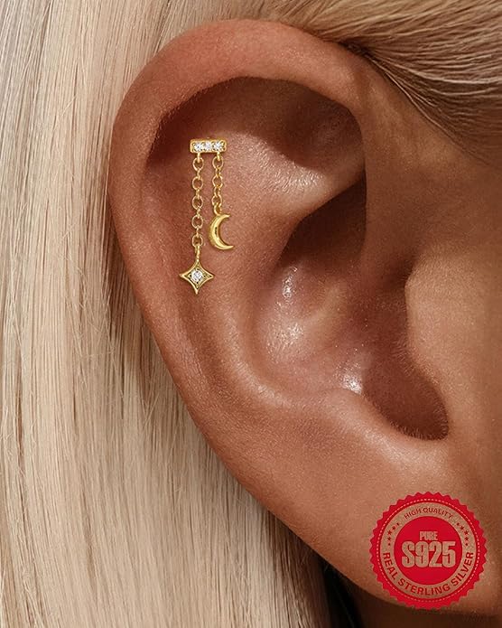 Solid 925 Sterling Silver Helix Earring with Dangle Chain 14K Gold Plated Flat Back Cartilage Stud Crescent Moon & Star CZ Internally Threaded Piercing Jewelry Ear Ring Gift