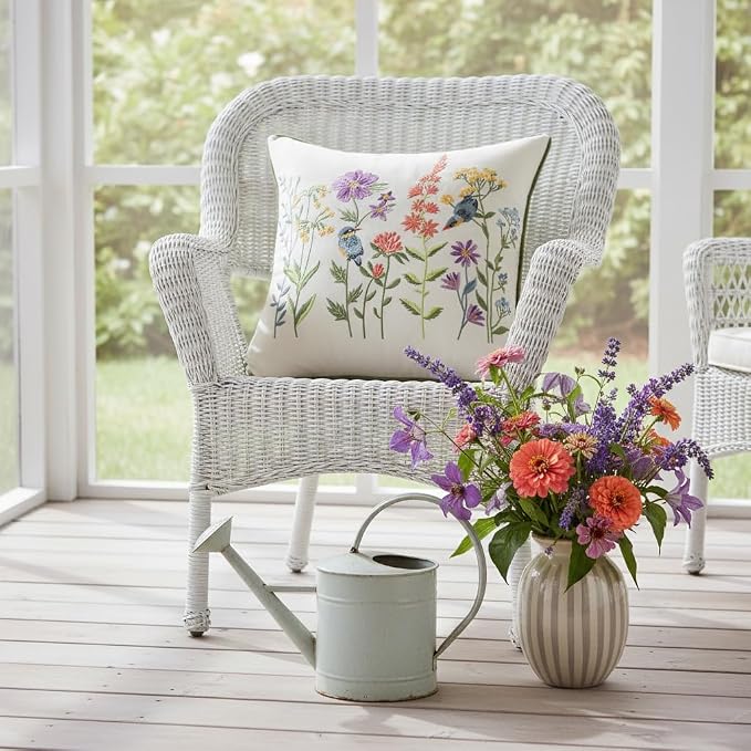 Embroidered Throw Pillow Covers 20 x 20 inch Pack of 2 Vintage Birds with Flowers Farmhouse Pillow Cushion Cases Summer Decorative Pillowcases Home Decor Square Floral Pillow Case