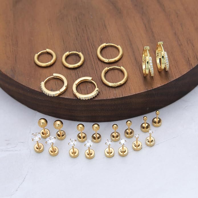 Stainless Steel Stud Earrings Set for Women Hypoallergenic Flat Back Cartilage Earrings Screw Back Huggie Hoop Earrings Multiple Piercing Cubic Zirconia Helix Tragus Jewelry