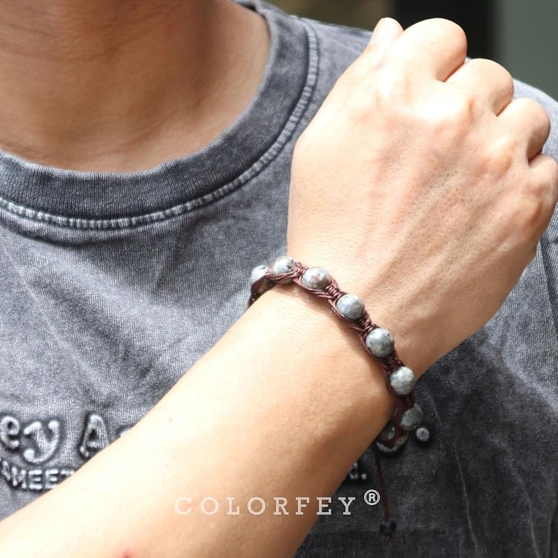Mens Beaded Bracelet Genuine Natural Stone Flame Stone Bead Bracelets Premium Handcrafted Energy Crystal Bracelets for Men, 10mm Healing Triple Rope Bracelet Unique Mens Stone Jewlry for Men
