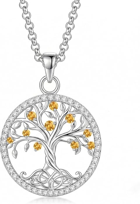 ONEFINITY Tree of Life Necklace 18k White Gold Plated Tree of Life Birthstone Pendant Necklace Birthstone Jewelry Anniversary Birthday Gifts for Women Men