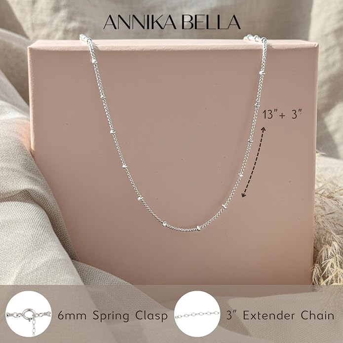 Annika Bella Chain Choker Necklace for Women, 925 Sterling Silver Chokers, Length 13-16 Inches, Short Necklaces for Teens, Waterproof Jewelry Gift for Her