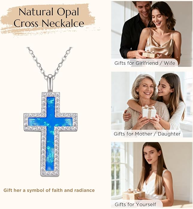 NORBU S925 Opal Cross Necklace for Women, Sterling Silver Opal Gemstone Womens Cross Necklaces, Cross Pendant with 5A Cubic Zirconia, Women's October Birthstone Jewelry Gifts for Birthday, Anniversary, Christmas