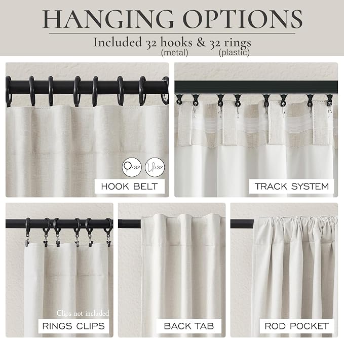 100 Percent Blackout Sliding Glass Door Curtains 120 Inches Long 2 Panels, 10 Foot Theater Floor to Ceiling Track Drape Linen Drop Cloth Traverse Curtains Farmhouse Natural Beige (Hook,Rings Include)