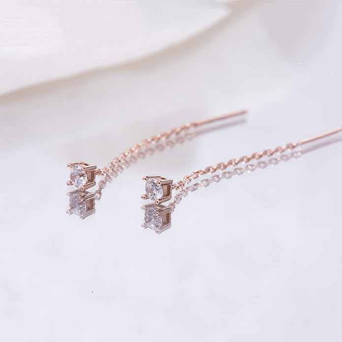 S.Leaf Gold Chain Threader Earrings for Women Trendy 925 Sterling Silver Hypoallergenic Cubic Zirconia Backless Ardant Chain Duster Threader Double Piercing Pull Through Earrings for Women Girls Birthday Gifts