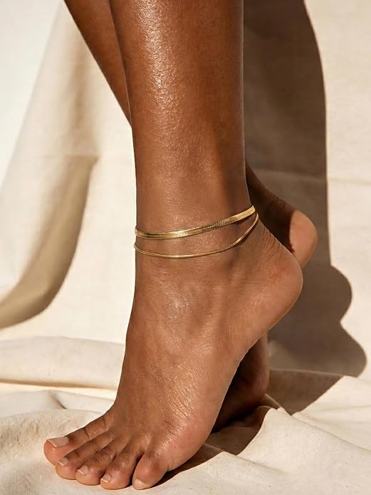 U7 Silver/Gold Ankle Bracelets for Women Layered Chain Anklets Stainless Steel Waterproof Summer Beach Anklet Cham, Adjustable 8.5"-10.5"