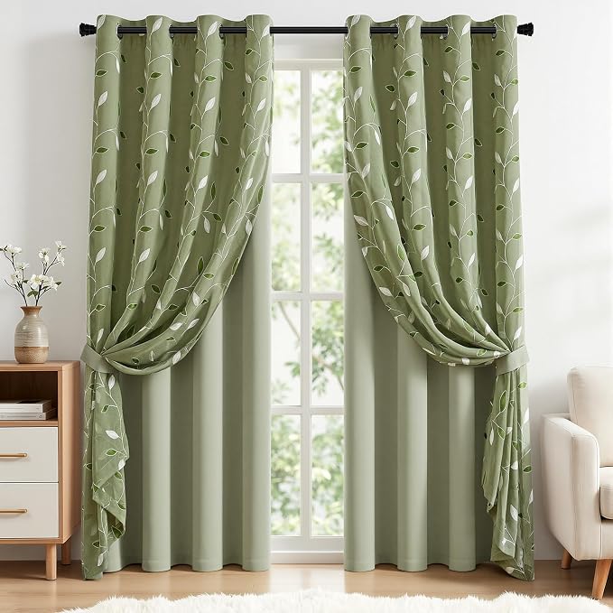 MIULEE Sage Green Double Layer Curtains 96 Inches Long, Leaf Patterned Sheer Floral Drapes and Blackout Room Darkening Window Curtains for Living Room Bedroom, Grommets Top, 52" W x 96" L, 2 Panels