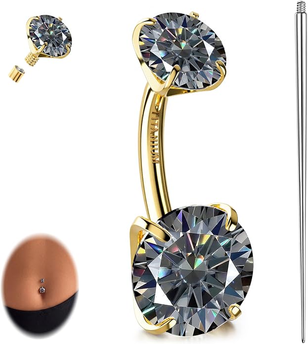 GEMQUEEN Moissanite ＆ G23 TItanium Belly Button Ring 18K Gold Plated Hypoallergenic Internally Threaded Belly Rings 14G Navel Piercing Jewelry For Women Men D Color VVS1 Clarity Brilliant Cut