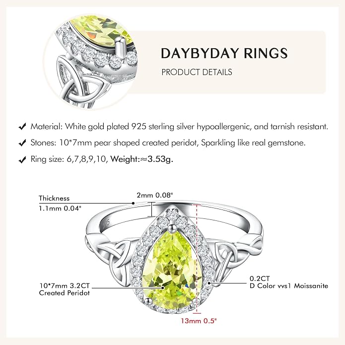 DAYBYDAY Celtic Birthstone Rings for Women 925 Sterling Silver Heart/Round/Pear/Oval Created Gemstone Moissanite Halo Engagement Promise Rings for Her Wife Birthday Anniversary Wedding Jewelry