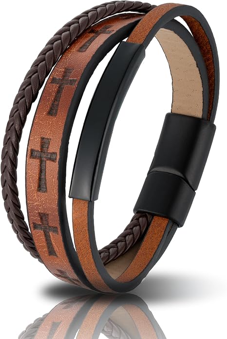 Mens Leather Cross Bracelet Multilayer Braided Wristband Bangle Bracelets with Stainless Steel Buckle Religious Gift for Men Brown/Black/Blue–8.3 inch