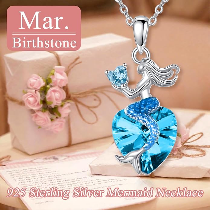 Mermaid Birthstone Necklace for Women 925 Sterling Silver Jewelry Austrian Crystal Pendant Christmas Gifts for Her