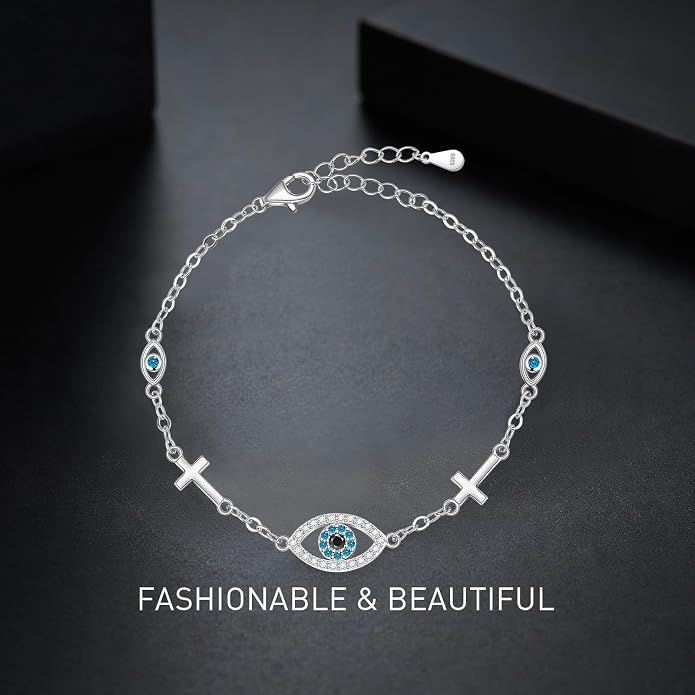 Blue Evil Eyes Link Bracelet, Evil Eye Earrings, S925 Sterling Silver Dainty Cubic Zirconia Adjustable Link Lobster Claw Clasp Chain Jewelry