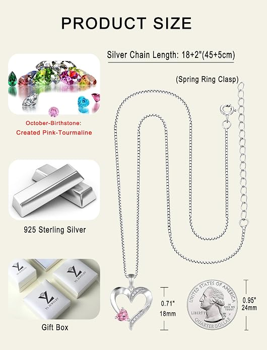YL Heart Necklace 925 Sterling Silver Love Heart Pendant Birthstone Jewelry for Women